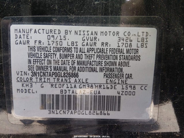 Продаж на аукціоні авто 2016 Nissan Versa 1.6 S+, vin: 3N1CN7AP0GL826866, номер лоту: 45930668