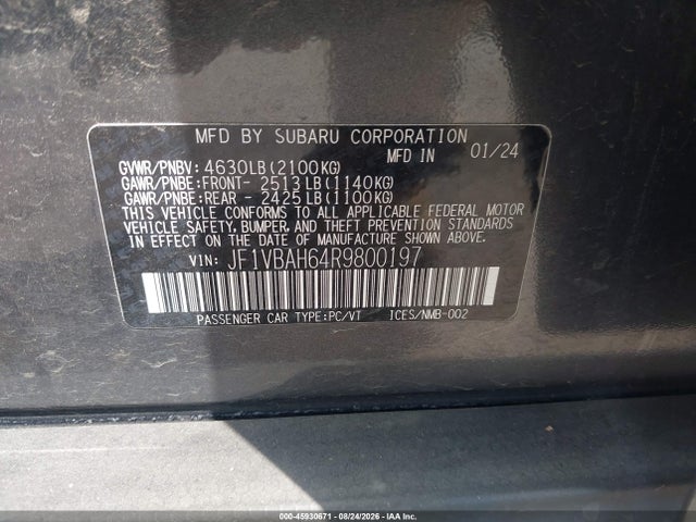 Продаж на аукціоні авто 2024 Subaru Wrx Premium, vin: JF1VBAH64R9800197, номер лоту: 45930671