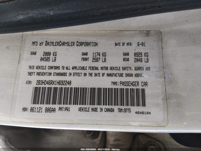 45930696 :رقم المزاد ، 2B3HD46RX1H692240 vin ، 2001 Dodge Intrepid Se مزاد بيع