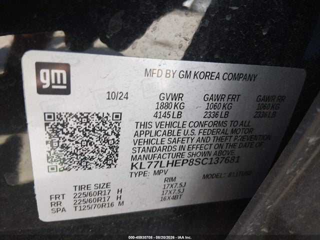 45930708 :رقم المزاد ، KL77LHEP8SC137681 vin ، 2025 Chevrolet Trax Fwd Lt مزاد بيع