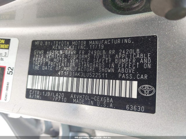 Продажа на аукционе авто 2020 Toyota Camry Xle Hybrid, vin: 4T1F31AK3LU522511, номер лота: 45930694