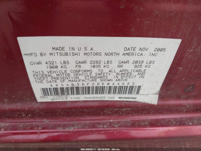 2006 Mitsubishi Galant Es/se მანქანა იყიდება აუქციონზე, vin: 4A3AB36F26E044683, აუქციონის ნომერი: 45930711