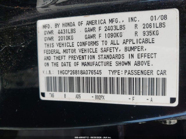 Продажа на аукционе авто 2008 Honda Accord 2.4 Ex-l, vin: 1HGCP26818A076545, номер лота: 45930712