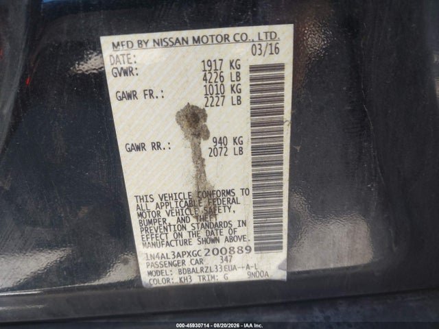 Aukcja sprzedaży 2016 Nissan Altima 2.5 Sl, vin: 1N4AL3APXGC200889, numer aukcji: 45930714