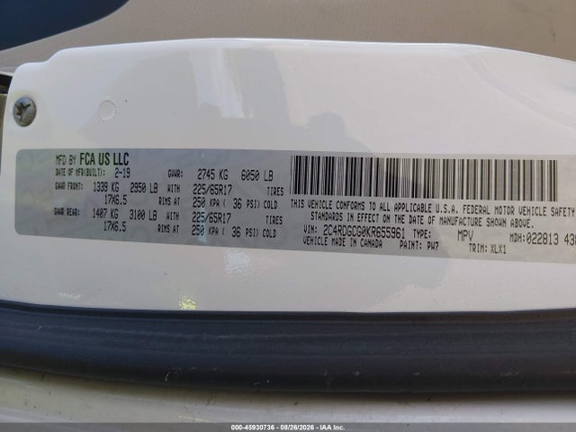 45930736 :رقم المزاد ، 2C4RDGCG0KR655961 vin ، 2019 Dodge Grand Caravan Sxt مزاد بيع