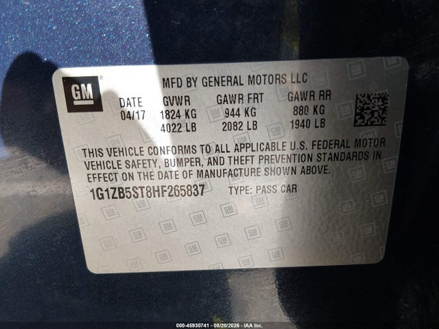 Продаж на аукціоні авто 2017 Chevrolet Malibu Ls, vin: 1G1ZB5ST8HF265837, номер лоту: 45930741