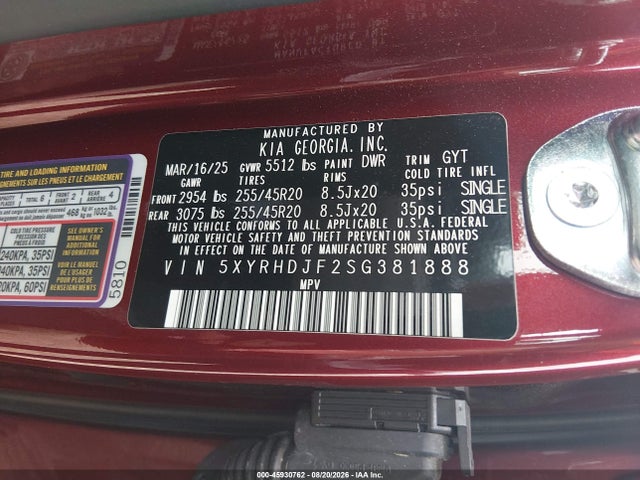 Aukcja sprzedaży 2025 Kia Sorento Ex, vin: 5XYRHDJF2SG381888, numer aukcji: 45930762