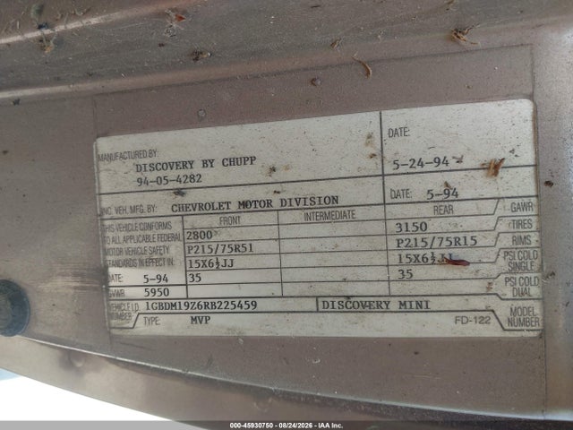 45930750 :رقم المزاد ، 1GBDM19Z6RB225459 vin ، 1994 Chevrolet Astro مزاد بيع