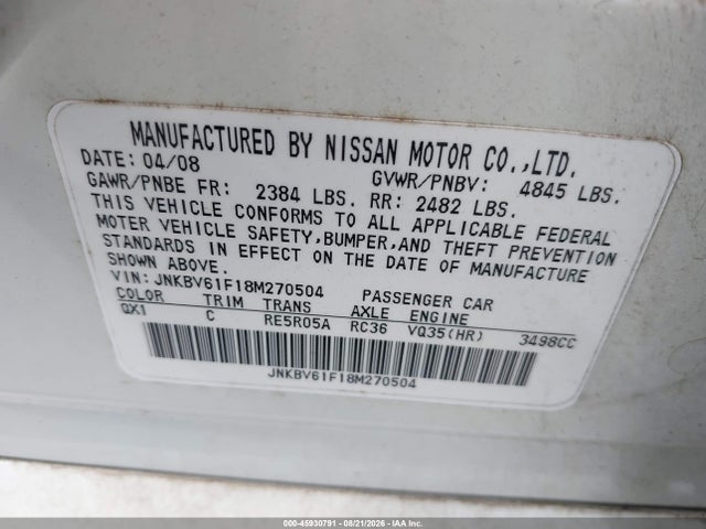 2008 Infiniti G35x მანქანა იყიდება აუქციონზე, vin: JNKBV61F18M270504, აუქციონის ნომერი: 45930791