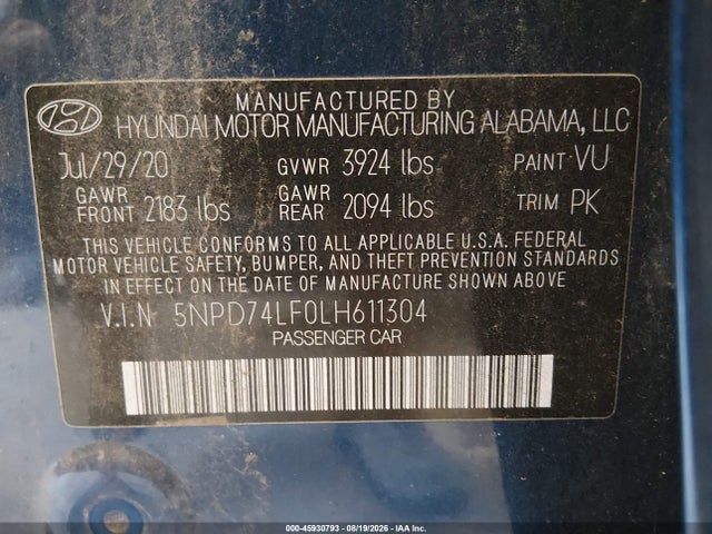 5NPD74LF0LH611304 Hyundai ELANTRA SE