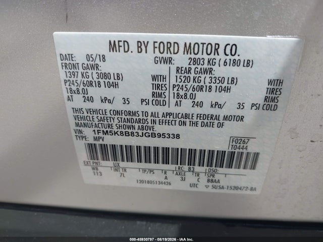 45930797 :رقم المزاد ، 1FM5K8B83JGB95338 vin ، 2018 Ford Explorer مزاد بيع