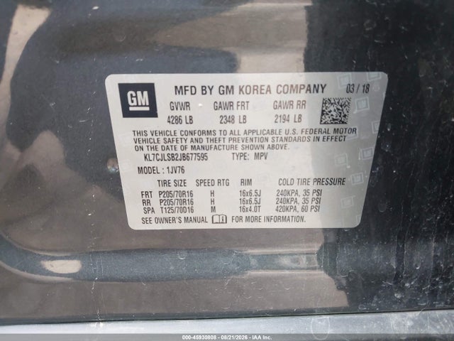 Aukcja sprzedaży 2018 Chevrolet Trax Lt, vin: KL7CJLSB2JB677595, numer aukcji: 45930808