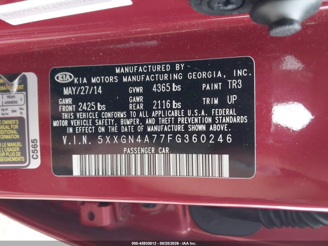 45930812 :رقم المزاد ، 5XXGN4A77FG360246 vin ، 2015 Kia Optima Ex مزاد بيع