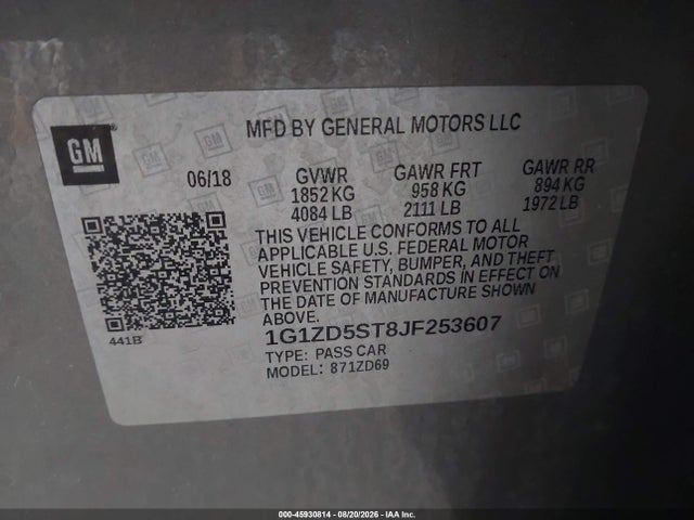45930814 :رقم المزاد ، 1G1ZD5ST8JF253607 vin ، 2018 Chevrolet Malibu Lt مزاد بيع