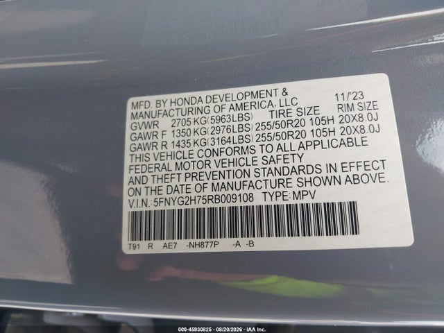 Aukcja sprzedaży 2024 Honda Pilot Touring, vin: 5FNYG2H75RB009108, numer aukcji: 45930825