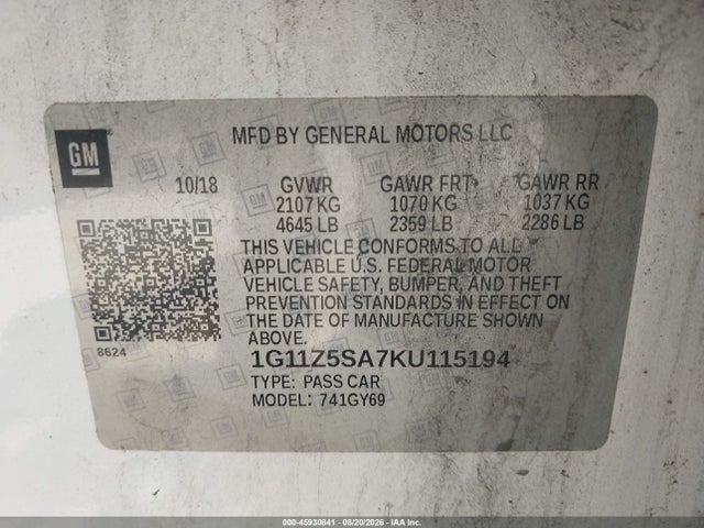 Продаж на аукціоні авто 2019 Chevrolet Impala Lt, vin: 1G11Z5SA7KU115194, номер лоту: 45930841