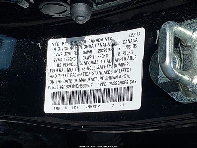 45930845 :رقم المزاد ، 2HGFB2F84DH530617 vin ، 2013 Honda Civic Ex مزاد بيع