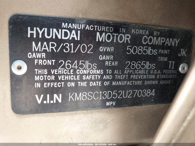 Продаж на аукціоні авто 2002 Hyundai Santa Fe Gls/lx, vin: KM8SC13D52U270384, номер лоту: 45930856