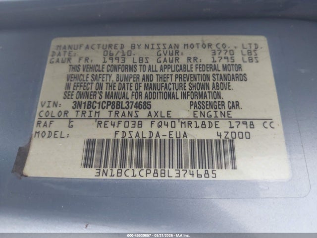 2011 Nissan Versa 1.8s მანქანა იყიდება აუქციონზე, vin: 3N1BC1CP8BL374685, აუქციონის ნომერი: 45930857