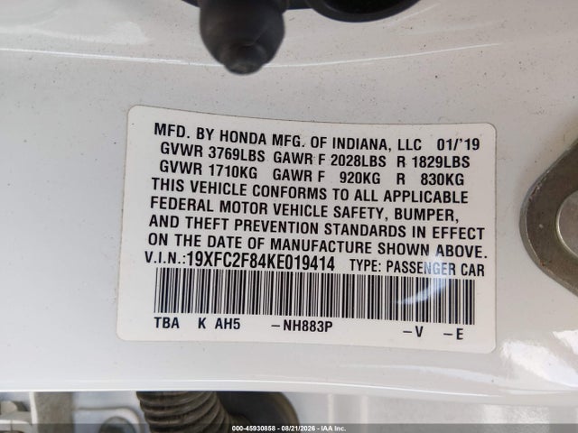19XFC2F84KE019414 Honda Civic Sport