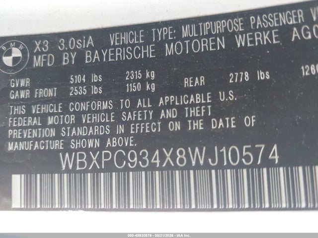 45930878 :رقم المزاد ، WBXPC934X8WJ10574 vin ، 2008 Bmw X3 3.0si مزاد بيع