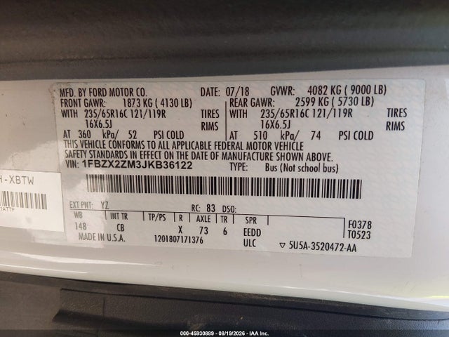 2018 Ford Transit-350 Xl მანქანა იყიდება აუქციონზე, vin: 1FBZX2ZM3JKB36122, აუქციონის ნომერი: 45930889