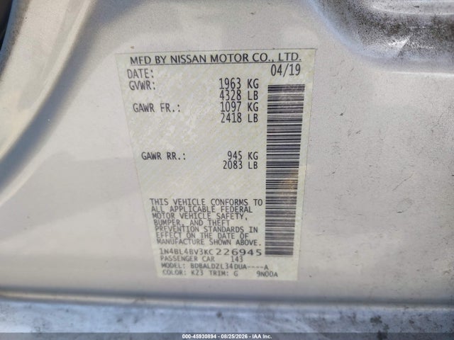 Nissan Altima 2.5 S 2019 1N4BL4BV3KC226945 Image 9