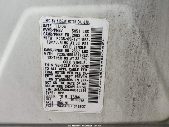 Aukcja sprzedaży 2006 Nissan Murano Sl, vin: JN8AZ08W36W515216, numer aukcji: 45930898