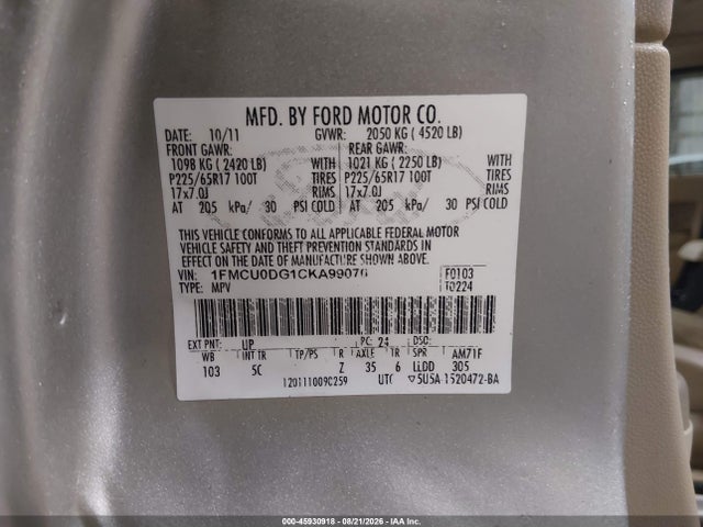 Aukcja sprzedaży 2012 Ford Escape Xlt, vin: 1FMCU0DG1CKA99070, numer aukcji: 45930918