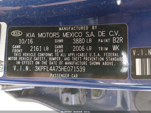 45930927 :رقم المزاد ، 3KPFL4A75HE071539 vin ، 2017 Kia Forte Lx مزاد بيع