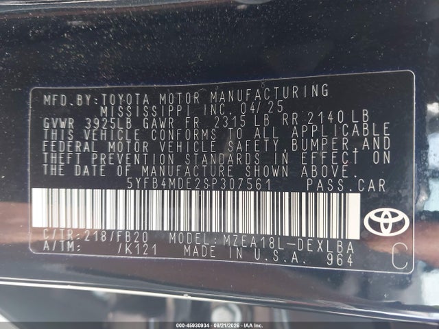 Aukcja sprzedaży 2025 Toyota Corolla Le, vin: 5YFB4MDE2SP307561, numer aukcji: 45930934