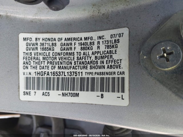 2007 Honda Civic Lx მანქანა იყიდება აუქციონზე, vin: 1HGFA16537L137511, აუქციონის ნომერი: 45930940