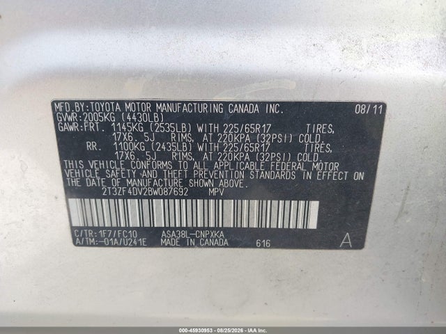 45930953 :رقم المزاد ، 2T3ZF4DV2BW087692 vin ، 2011 Toyota Rav4 مزاد بيع