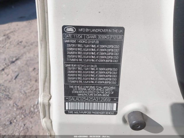 Aukcja sprzedaży 2005 Land Rover Lr3 Se, vin: SALAD25425A312959, numer aukcji: 45930968