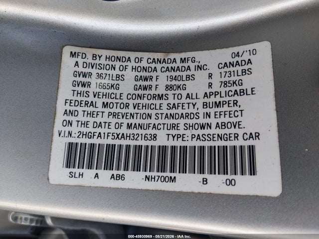 Aukcja sprzedaży 2010 Honda Civic Lx, vin: 2HGFA1F5XAH321638, numer aukcji: 45930969