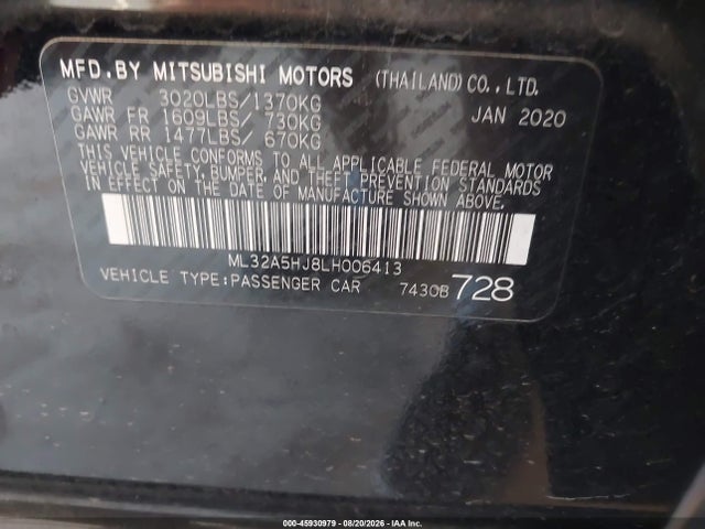 Aukcja sprzedaży 2020 Mitsubishi Mirage Gt/le, vin: ML32A5HJ8LH006413, numer aukcji: 45930979
