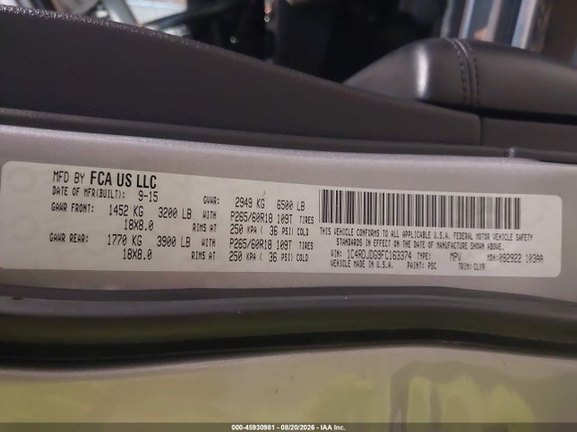 Aukcja sprzedaży 2015 Dodge Durango Limited, vin: 1C4RDJDG9FC163374, numer aukcji: 45930981