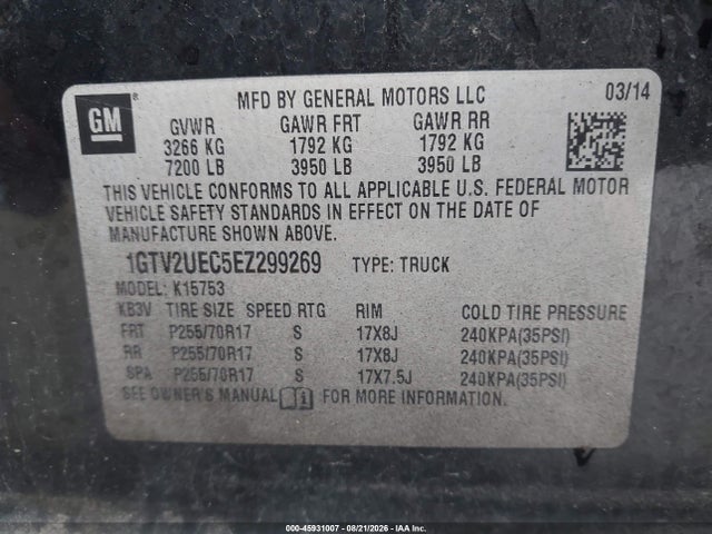 2014 Gmc Sierra 1500 Sle მანქანა იყიდება აუქციონზე, vin: 1GTV2UEC5EZ299269, აუქციონის ნომერი: 45931007