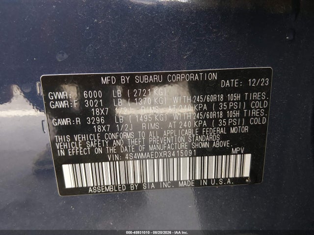 Продаж на аукціоні авто 2024 Subaru Ascent Premium 7-passenger, vin: 4S4WMAEDXR3415091, номер лоту: 45931010