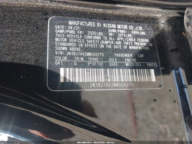 2021 Nissan Rogue Sport S Fwd Xtronic Cvt მანქანა იყიდება აუქციონზე, vin: JN1BJ1AV2MW569279, აუქციონის ნომერი: 45931014