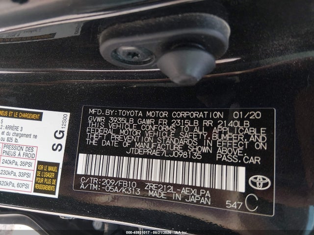 2020 Toyota Corolla Le მანქანა იყიდება აუქციონზე, vin: JTDEPRAE7LJ098135, აუქციონის ნომერი: 45931017
