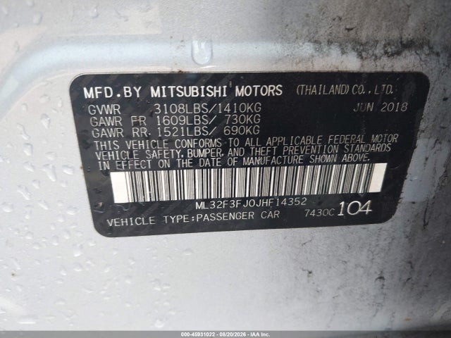 Продаж на аукціоні авто 2018 Mitsubishi Mirage G4 Es, vin: ML32F3FJ0JHF14352, номер лоту: 45931022