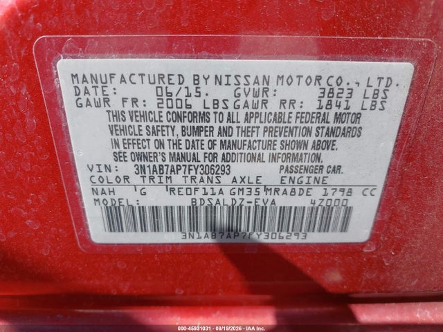 3N1AB7AP7FY306293 Nissan Sentra S/sv/sr/sl