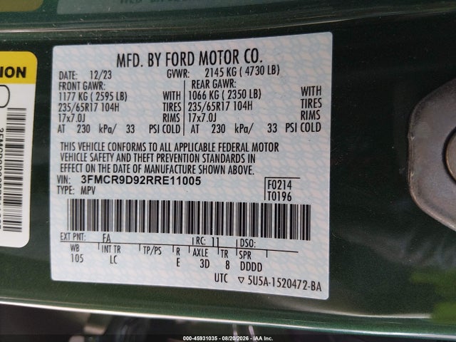 2024 Ford Bronco Sport Badlands მანქანა იყიდება აუქციონზე, vin: 3FMCR9D92RRE11005, აუქციონის ნომერი: 45931035