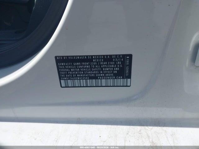 45931040 :رقم المزاد ، 3VWD17AJ0EM424584 vin ، 2014 Volkswagen Jetta 1.8t Se مزاد بيع