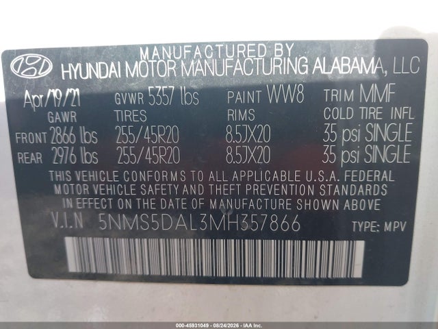 45931049 :رقم المزاد ، 5NMS5DAL3MH357866 vin ، 2021 Hyundai Santa Fe Calligraphy مزاد بيع
