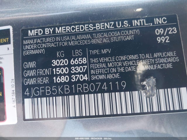 2024 Mercedes-benz Gle 450 4matic მანქანა იყიდება აუქციონზე, vin: 4JGFB5KB1RB074119, აუქციონის ნომერი: 45931055