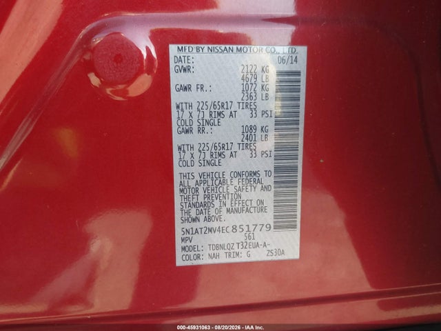 Продаж на аукціоні авто 2014 Nissan Rogue Sv, vin: 5N1AT2MV4EC851779, номер лоту: 45931063