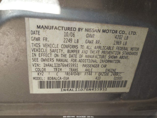 Продажа на аукционе авто 2006 Nissan Altima 2.5 S, vin: 1N4AL11D76N455951, номер лота: 45931068
