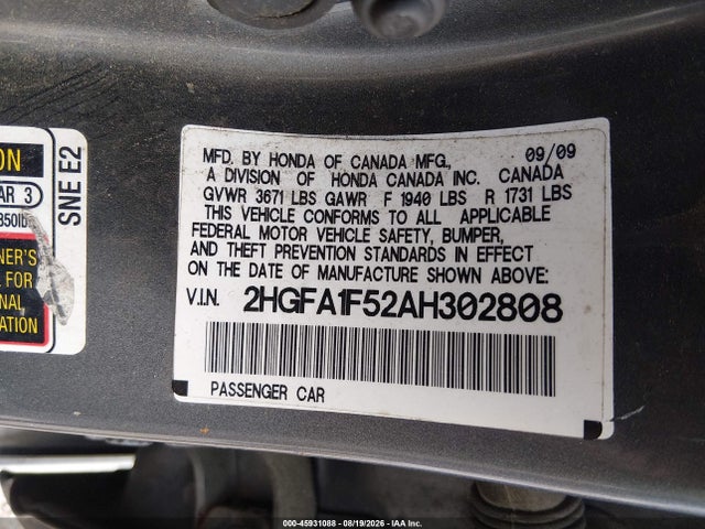Продажа на аукционе авто 2010 Honda Civic Lx, vin: 2HGFA1F52AH302808, номер лота: 45931088